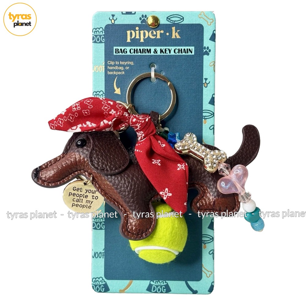 Piper K Dachshund Dog Bag Charm Keychain Brown Faux Leather Tennis Ball NEW